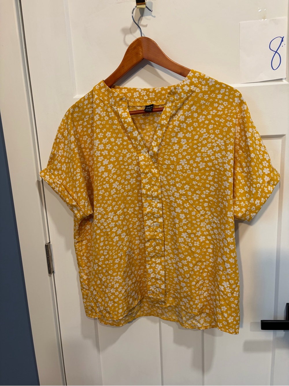 SHEIN Yellow White Floral V-Neck Short Sleeve Blouse